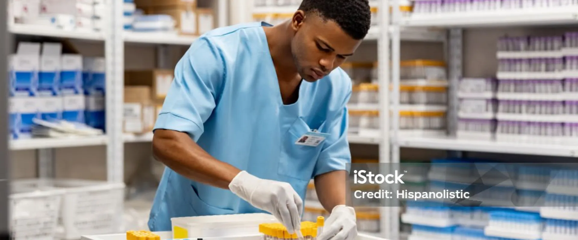 pharmacy technician ordering samples in a store room