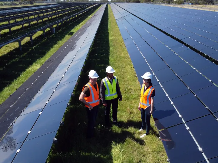 Group Of Three Engineers Surrounded By Solar Panels