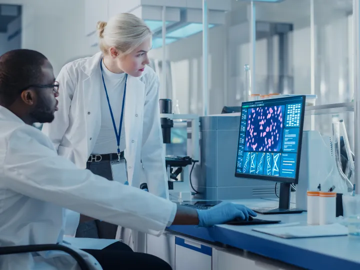 Two Scientists Use Computer with Screen Showing DNA Gene Analysis, 