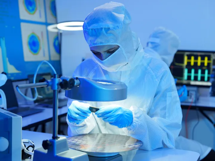 Engineers in sterile suits work at a semiconductor manufacturing plant using microscopes