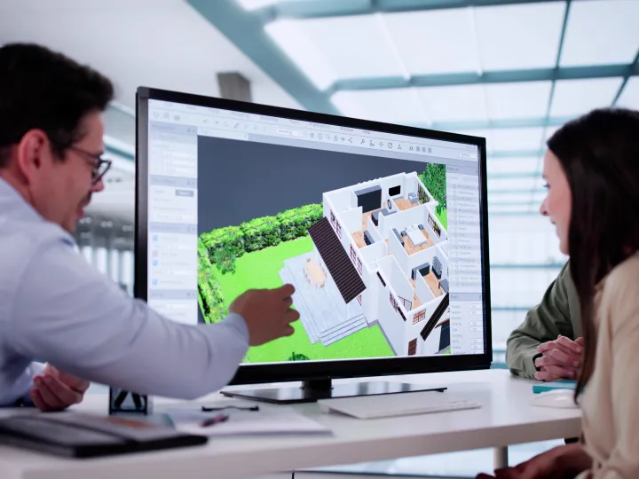Man and woman looking at 3D rendering of a building