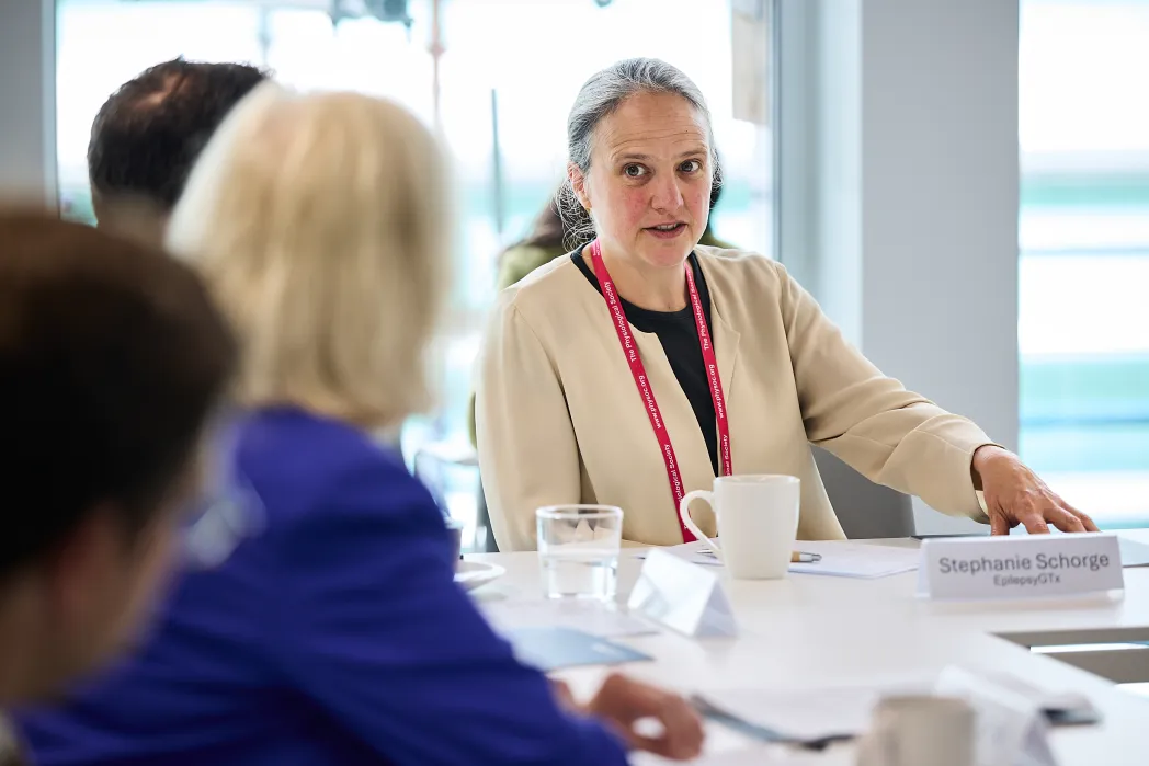 Prof Stephanie Schorge speaks with a gesture to colleagues