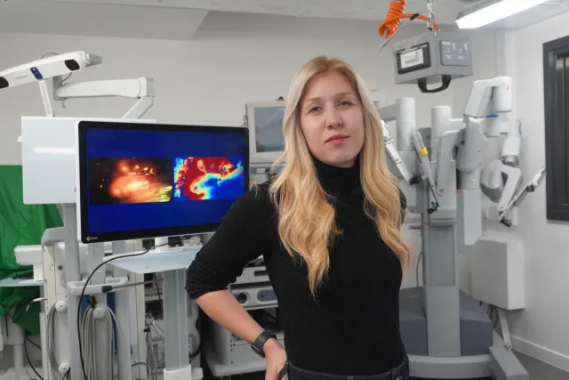 Dr Maria Leiloglou in front of Enacuity's hyperspectral imaging 