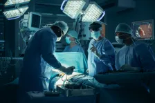Surgeon navigating surgery with the help of AI. 