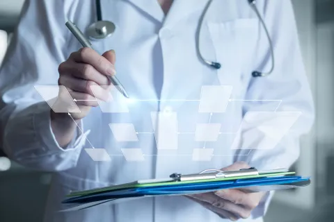 clinician with a clipboard and stethoscope with AI overlay 
