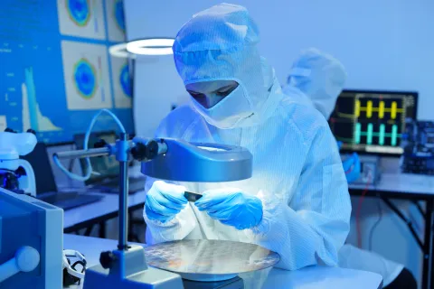 Engineers in sterile suits work at a semiconductor manufacturing plant using microscopes