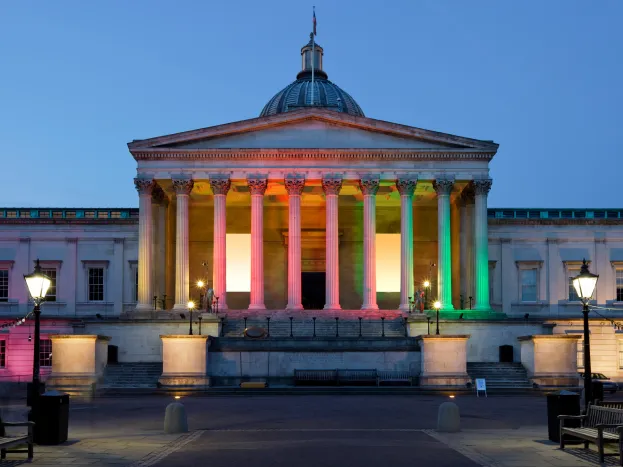 ucl portico lit up in colours