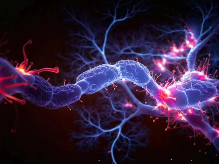 3d rendered image of neuron cell network on black background