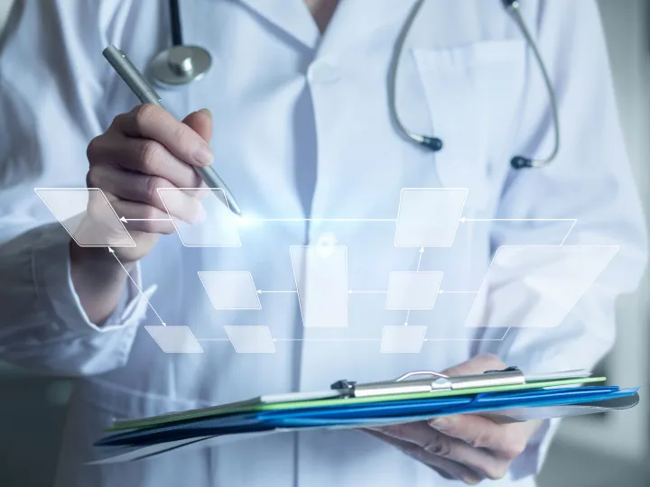 clinician with a clipboard and stethoscope with AI overlay 