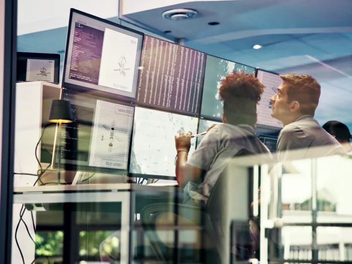 People, control room and monitor satellite with maps 